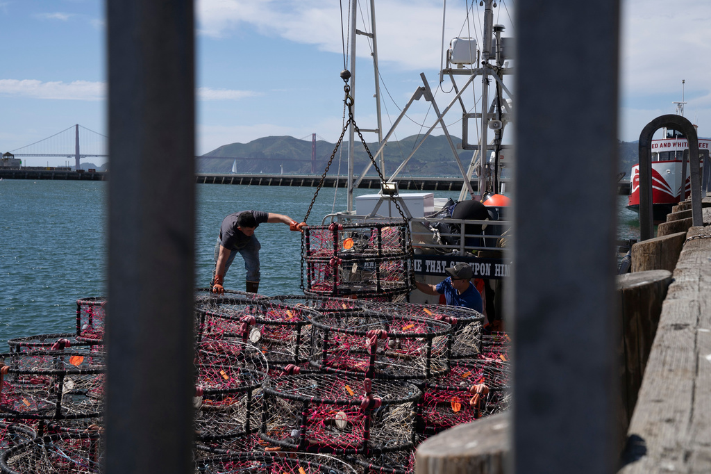 Hunter Nguyen, right, and Jonathan Tin, load crab traps, pop-up gear aimed at preventing whale entanglements, onto the boat Pale Horse at Pier 45 in San Francisco
