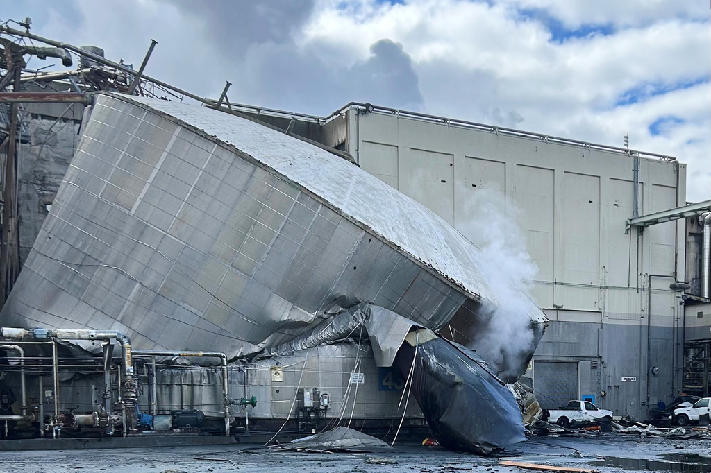 Structural damage to the Nippon Dynawave Packaging Co., after a tank containing hazardous liquid implode in Longview, Wash. 