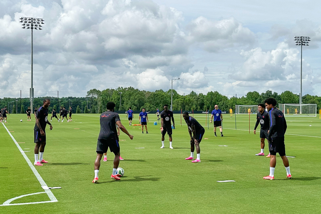 United States soccer players work on a drill at the new national training complex, Thursday, May 28, 2026, in Fayetteville, Ga.,