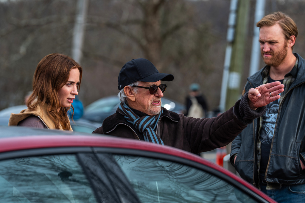 Director Steven Spielberg with actors Emily Blunt, left, and Wyatt Russell on the set of "Disclosure Day"