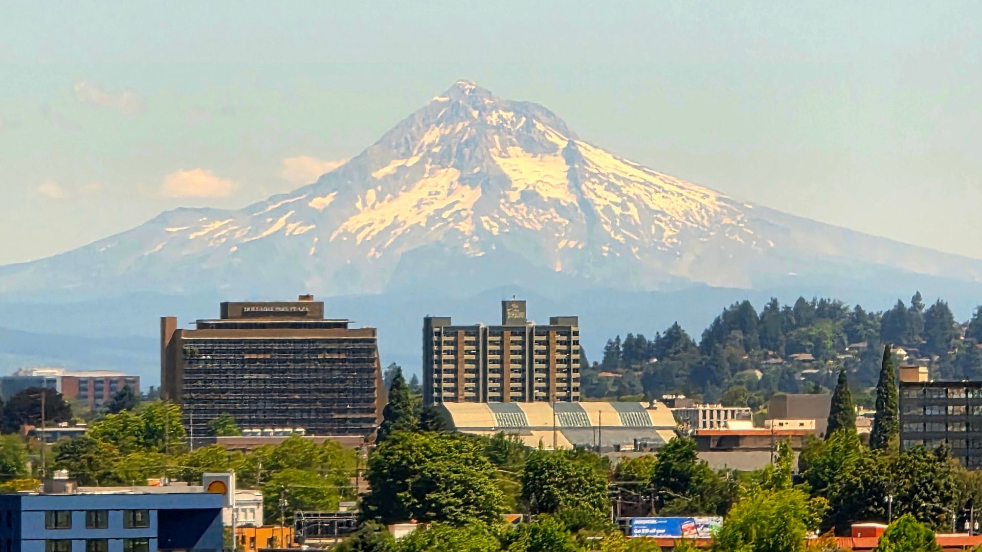 Mt. Hood seen in the distance from the city of Portland, OR