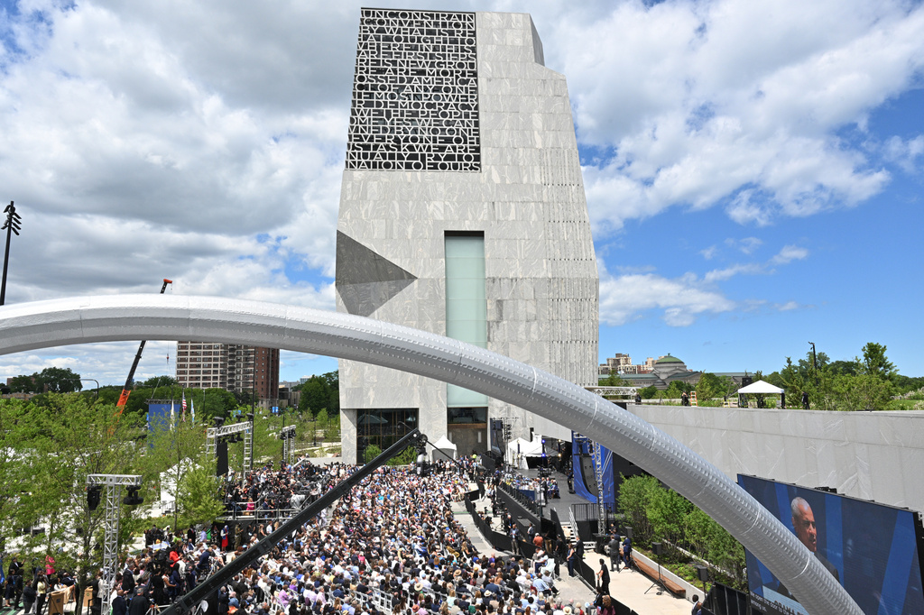 Former President Barack Obama speaks during the dedication ceremony for the Obama Presidential Center