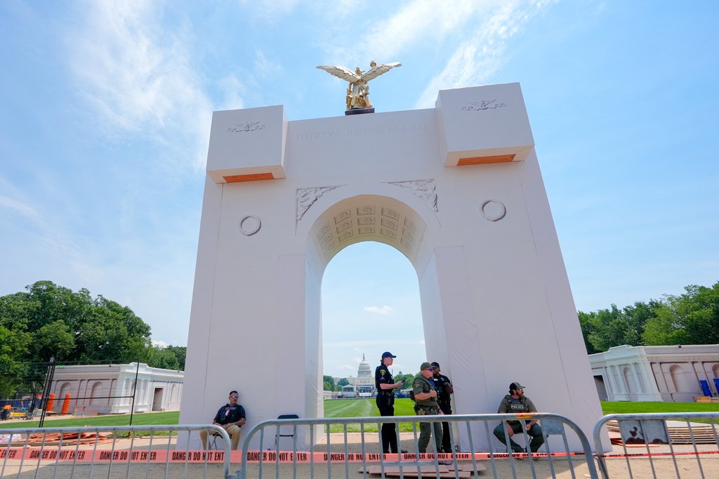 An arch is pictured as preparations continue for the Great American State Fair on the National Mall