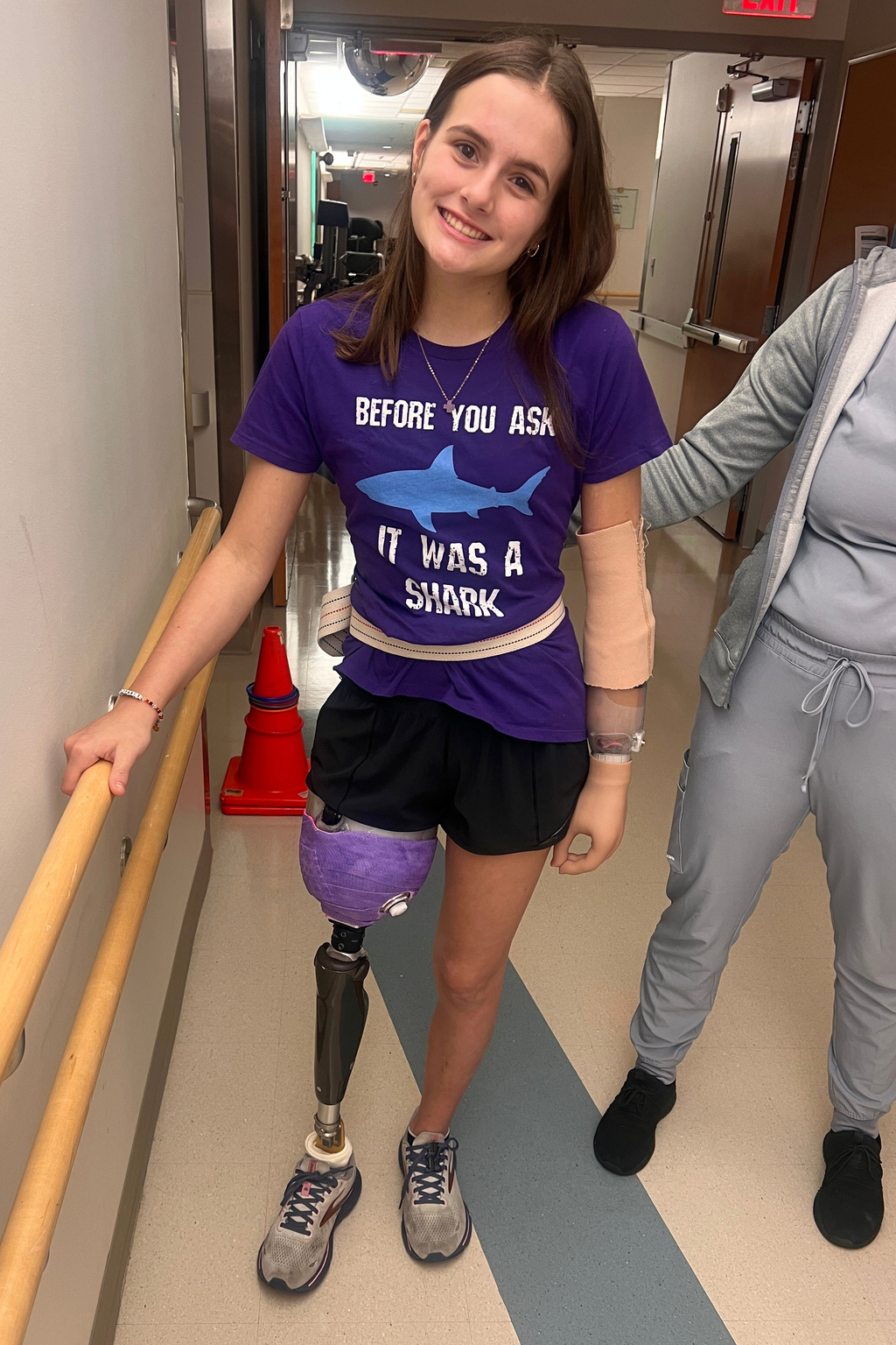 Lulu Gribbin, who lost her hand and part of her leg in a shark attack off the coast of Florida in 2024. 