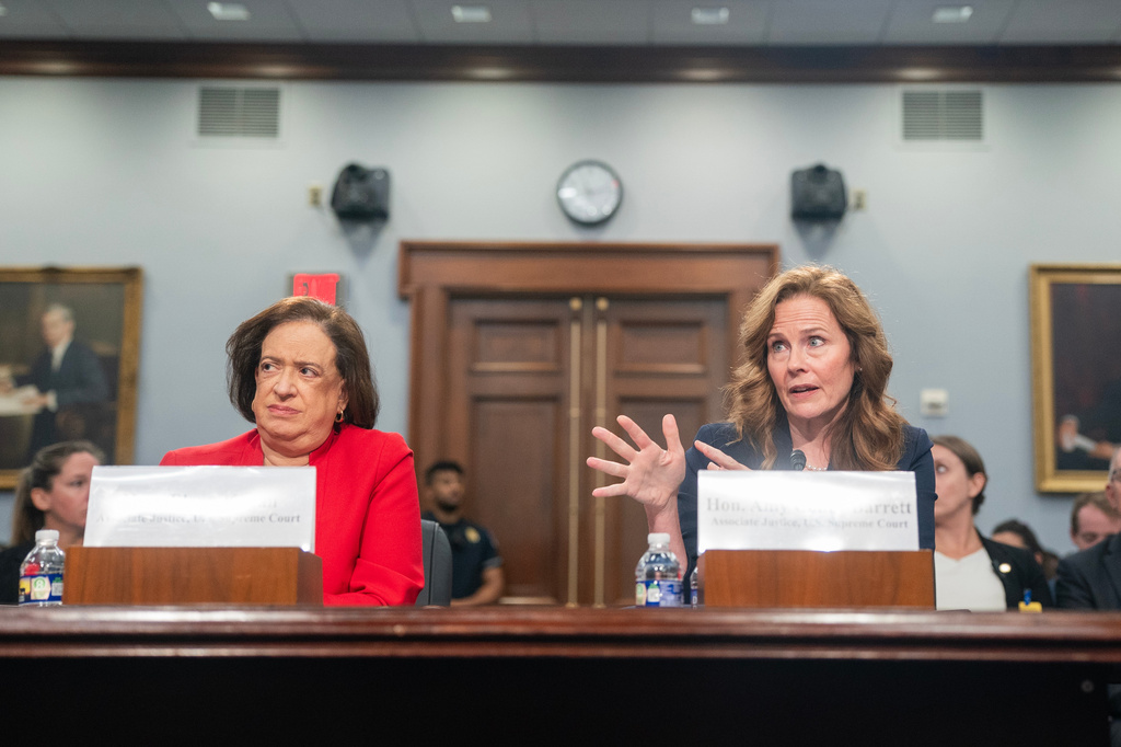 Supreme Court Justices Amy Coney Barrett, right, and Elena Kagan testify during a House Appropriations subcommittee hearing