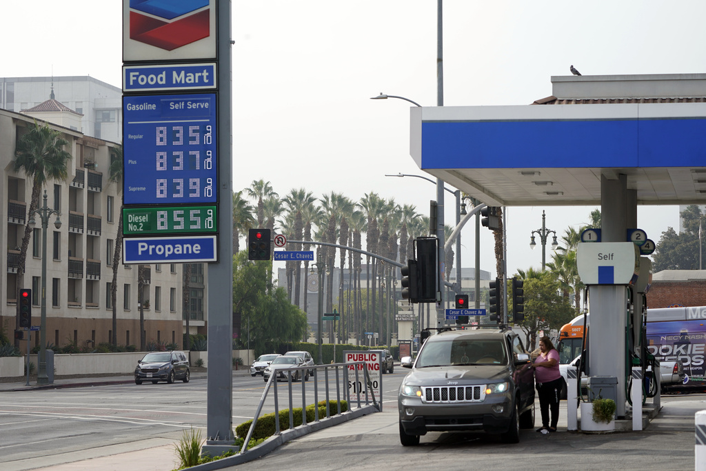 Gas prices are advertised at over eight dollars a gallon at a gas station, Oct. 6, 2022, in Los Angeles. California