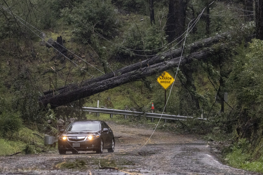 A vehicle drives past fallen trees along Big Basin Way during the latest atmospheric storm event in Boulder Creek, Calif.