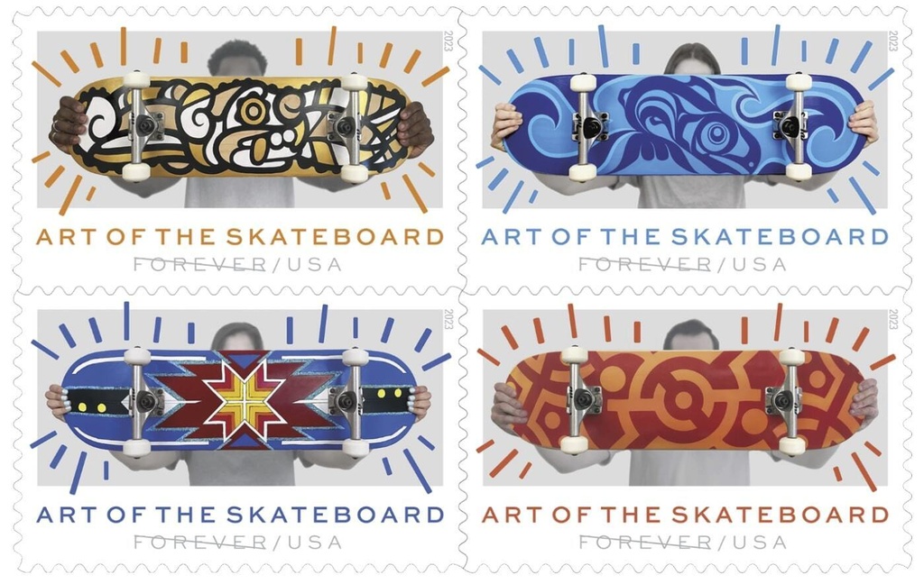 This image provided by the U.S. Postal Service shows its new the "Art of the Skateboard" Forever stamps