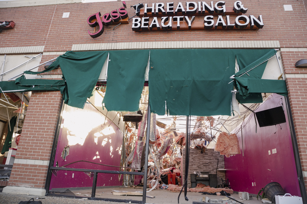 A business is damaged from a storm in Little Rock, Ark.,