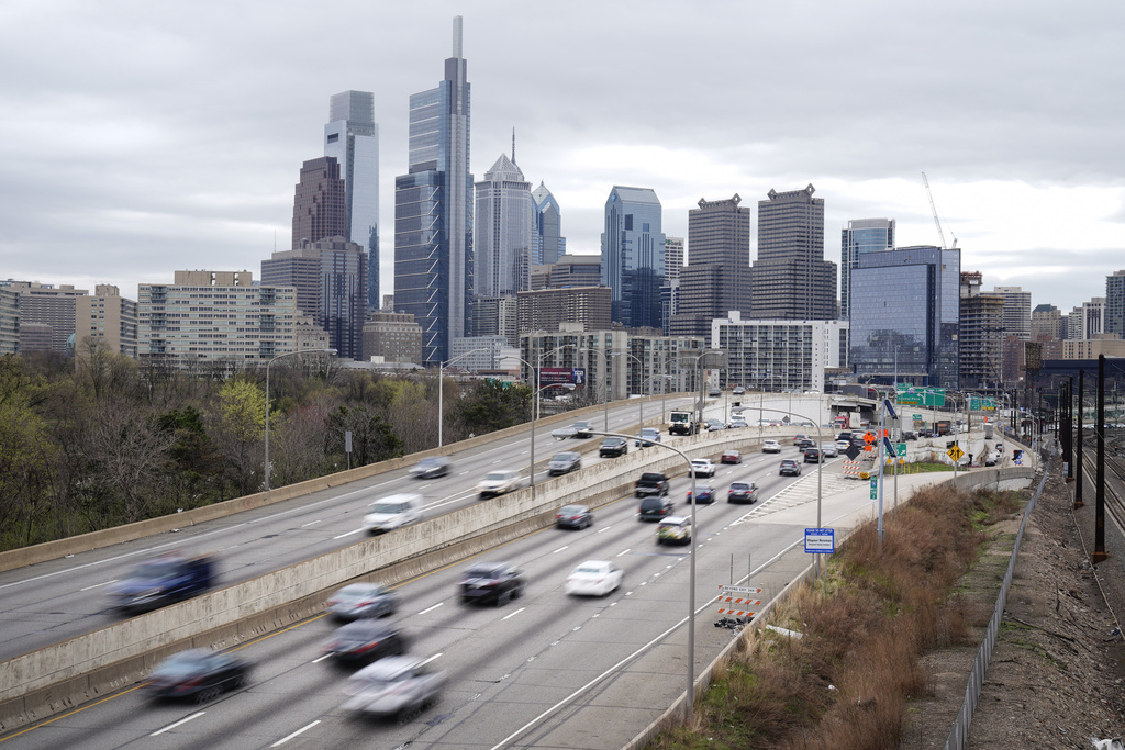 Traffic moves along the Interstate 76 highway on March 31, 2021, in Philadelphia.