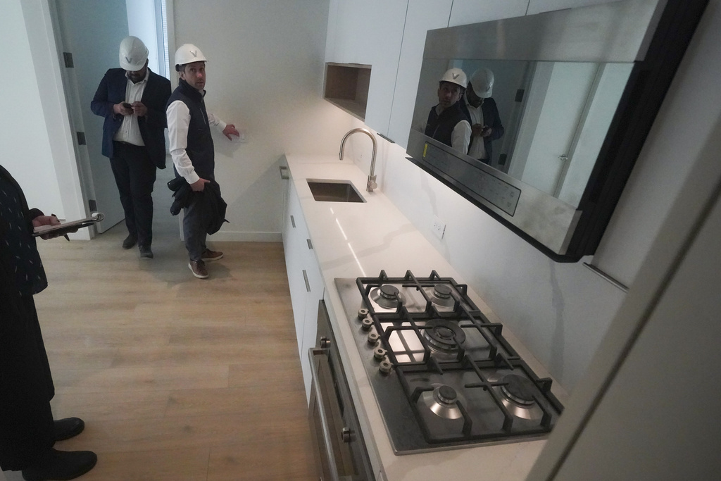 The kitchen in a model apartment inside a high rise at 160 Water Street in Manhattan