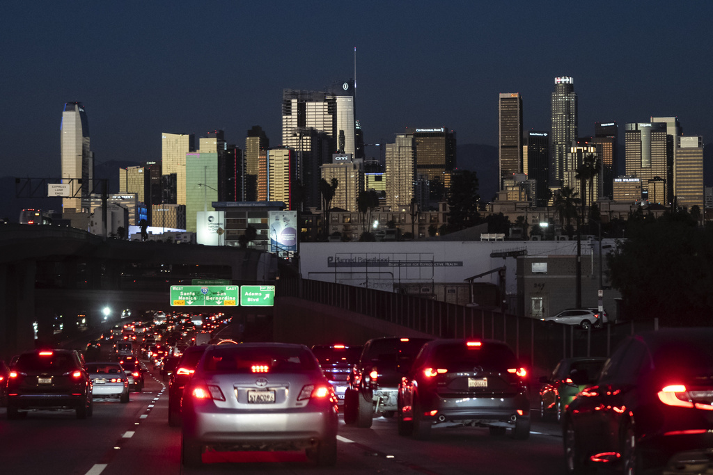 Traffic moves along the 110 Freeway in Los Angeles