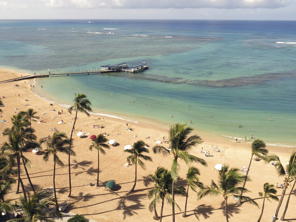 Duke Kahanamoku Beach, located in the Honolulu tourist neighborhood of Waikiki, Hawaii