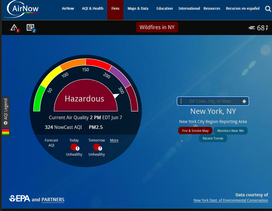 NYC Air Quality Tops 300 Into Hazardous Zone