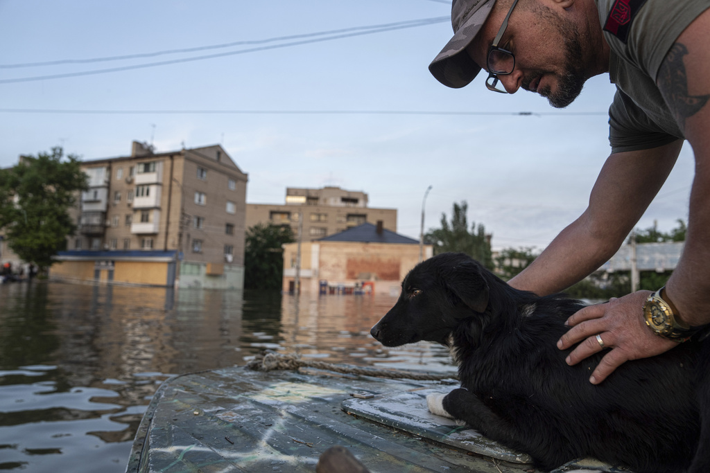 A volunteer evacuates a dog by boat from a flooded neighborhood in Kherson, Ukraine