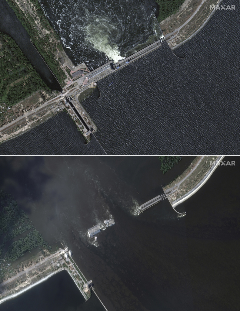 Combination of photos provided by Maxar Technologies, shows Kakhovka dam and station, Ukraine before collapse, on June 5, 2023, top, and after collapse, on June 7, 2023
