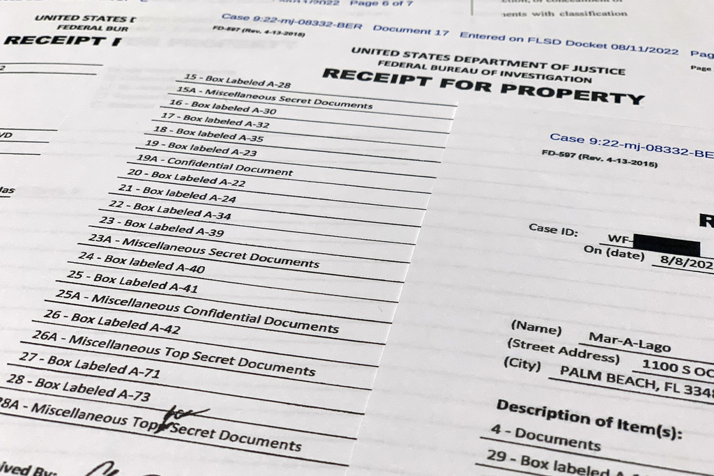 Receipt for property that was seized during the execution of a search warrant by the FBI at former President Donald Trump