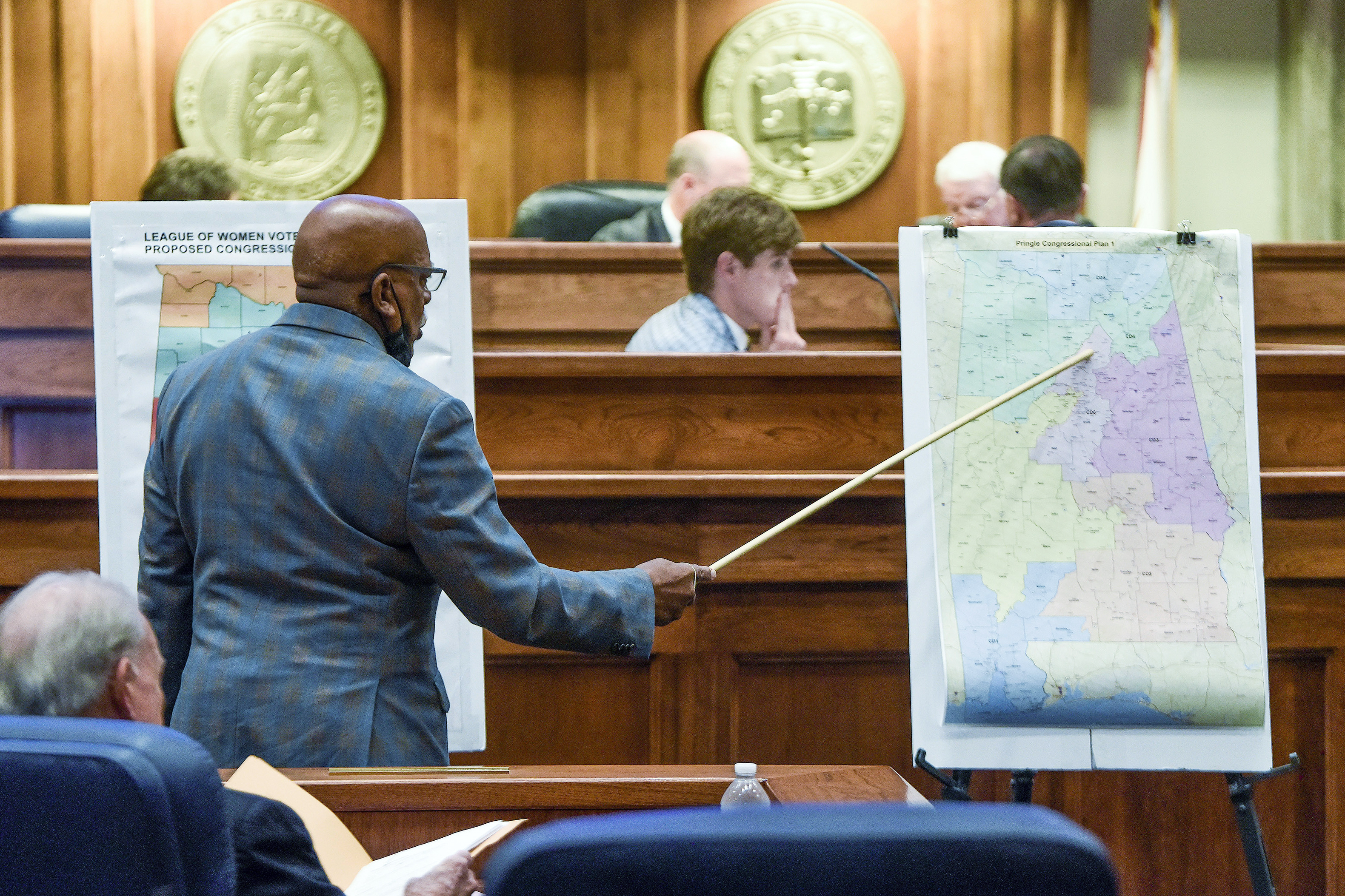 Sen. Rodger Smitherman compares U.S. Representative district maps during the special session on redistricting at the Alabama Statehouse in Montgomery, Ala., Nov. 3, 2021.