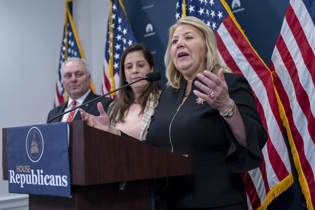 Rep. Debbie Lesko, R-Ariz., a member of the House Energy and Commerce Committee, is joined from left by House Majority Leader Steve Scalise, R-La., and House Republican Conference Chair Elise Stefanik, R-N.Y., as she talks about her bill, the Save Our Gas Stoves Act