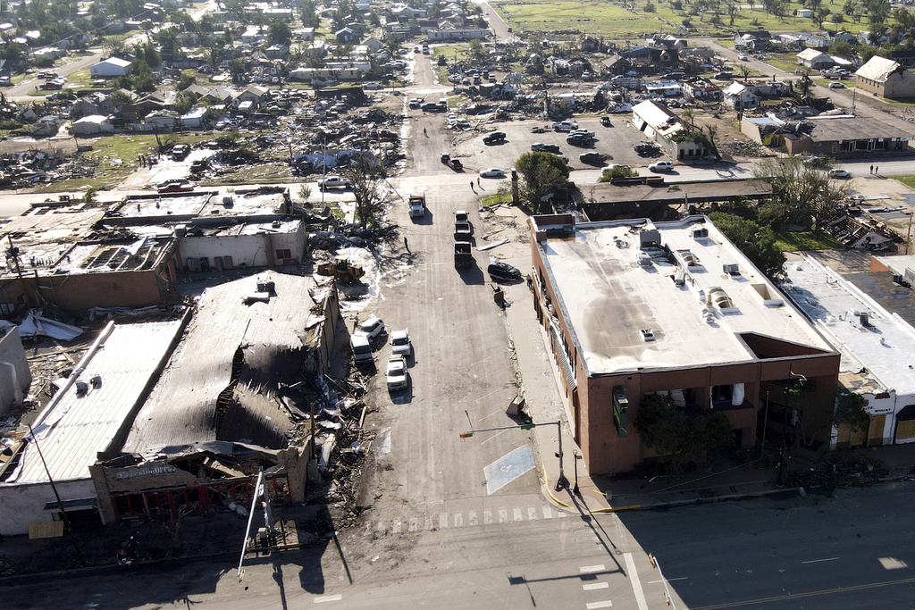 Aerial view of the downtown and a surrounding residential area show damage on Friday, June 16, 2023, in Perryton, Texas, from a tornado