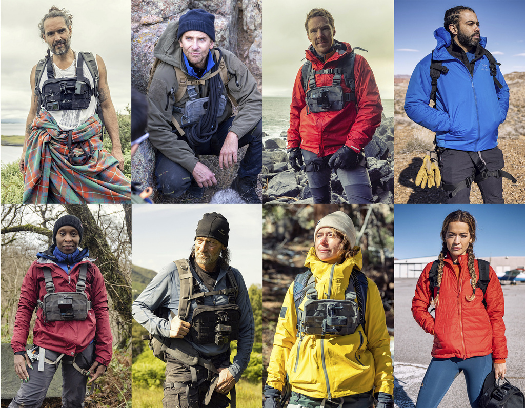 his combination of photos released by Nat Geo shows celebrities, top row from left, Russell Brand, Bradley Cooper, Benedict Cumberbatch, Daveed Diggs, bottom row from left, Cynthia Erivo, Troy Kotsur, Tatiana Maslany and Rita Ora in separate episodes of “Running Wild with Bear Grylls: The Challenge," premiering on July 9.