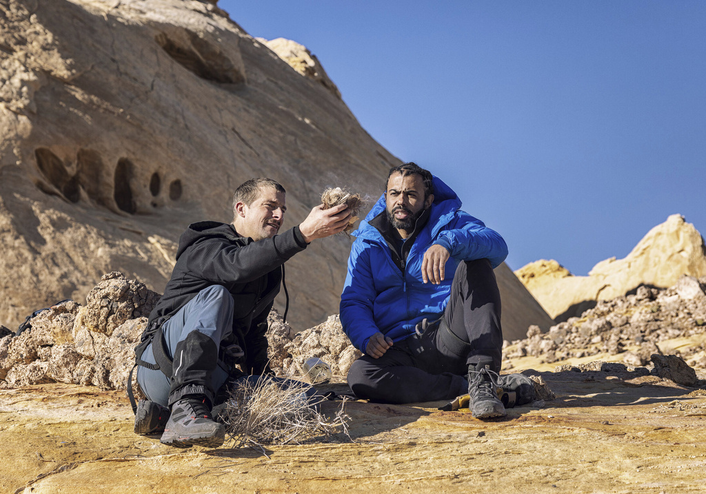 Bear Grylls, left, and Daveed Diggs at Eldorado Canyon, Utah, in a scene from “Running Wild with Bear Grylls: The Challenge."