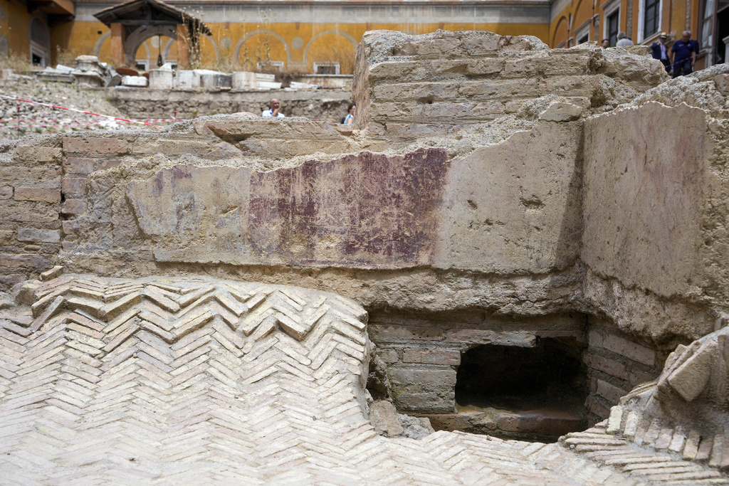 A fresco is seen on a wall in the excavation site of the ancient Roman emperor Nero