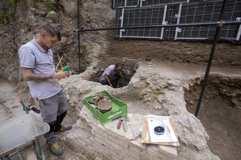 Archeologists work in excavation site of the ancient Roman emperor Nero