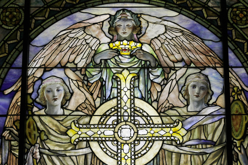 A detail of "The Righteous Shall Receive a Crown of Glory," Brainard Memorial Window for Methodist Church, Waterville, New York, ca. 1901 is photographed while on display at the "Louis C. Tiffany and the Art of Devotion" exhibit at the Museum of Biblical Art in New York 