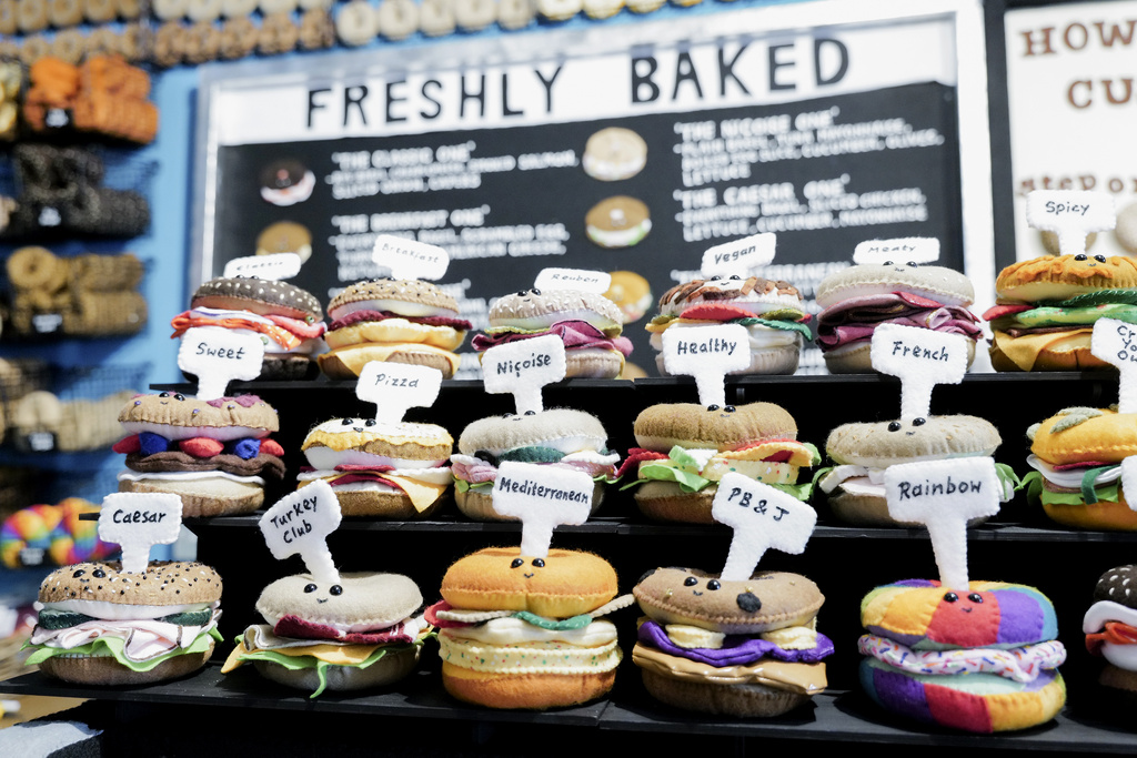 Felt bagels are pictured on display as part of the "Feltz Bagels" art installation created by British artist Lucy Sparrow Monday, Oct. 2, 2023, in New York.