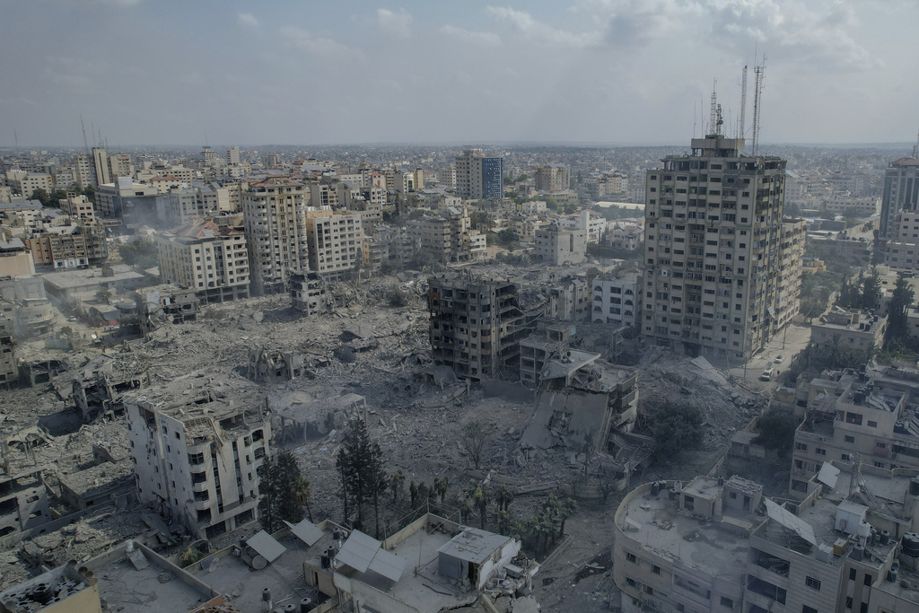 A view of the rubble of buildings hit by an Israeli airstrike, in Gaza City