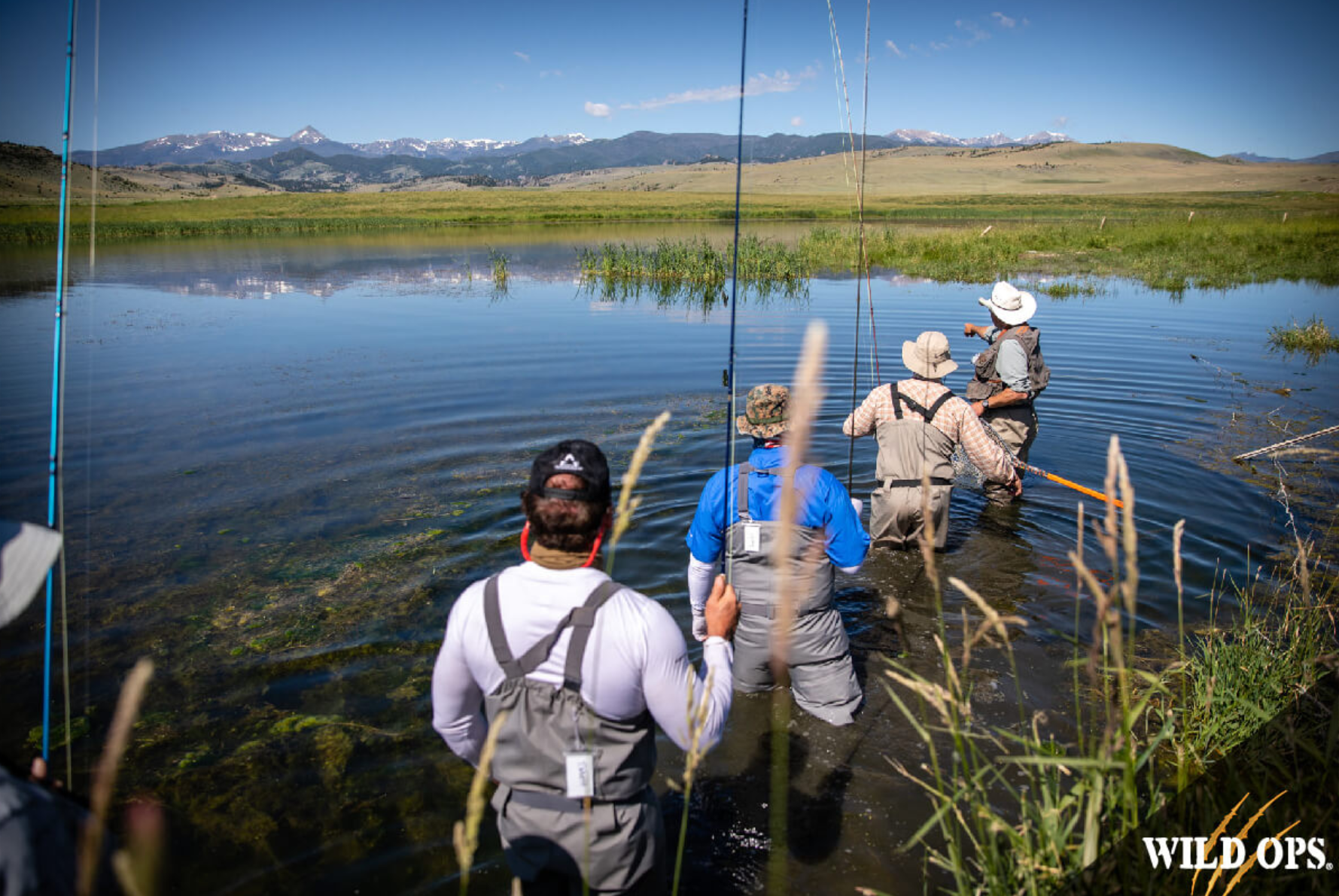 4 veterans wade into the water to fly fish. Mountains in distance.