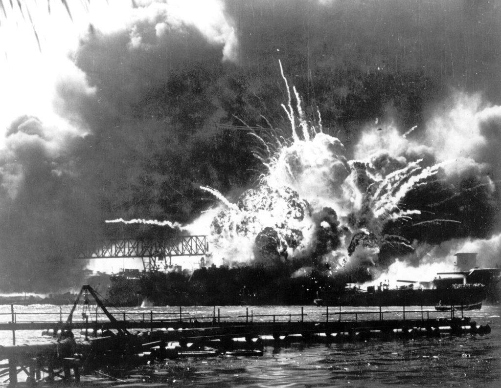 USS Shaw explodes after being hit by bombs during the Japanese surprise attack on Pearl Harbor, Hawaii, December 7, 1941
