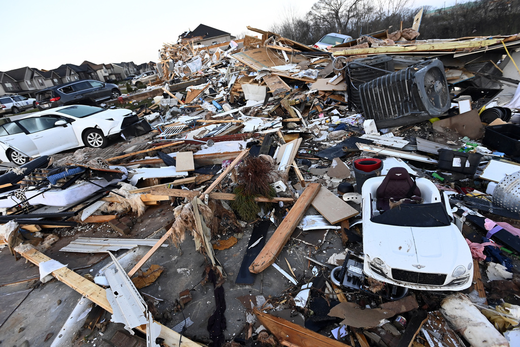 Debris covers the area around homes destroyed in the West Creek Farms neighborhood, Clarksville, Tenn. 