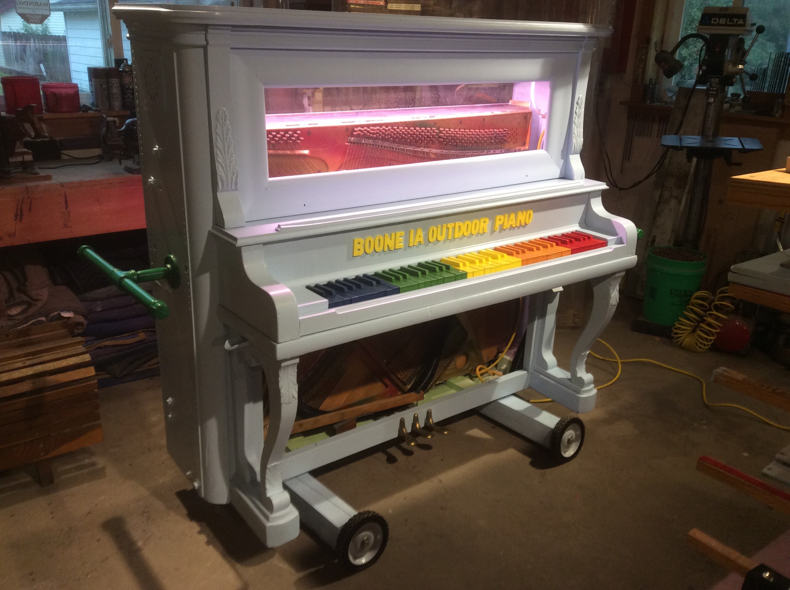 Community piano in the shop during final stages of construction