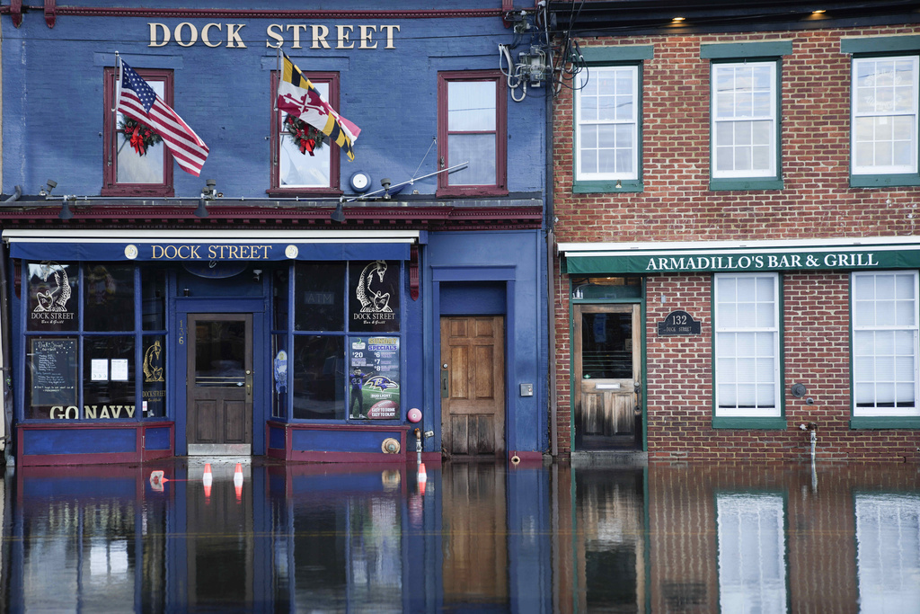Flooded buildings along Dock Street after a winter storm left more than two feet of water inside many businesses in downtown Annapolis, Md.