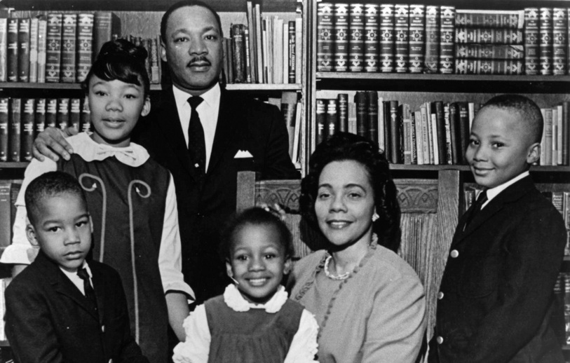 From left are Dexter King, Yolanda King, Martin Luther King Jr., Bernice King, Coretta Scott King and Martin Luther King III. 