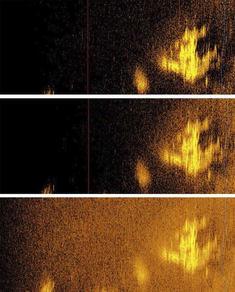This photo combo provided by Deep Sea Vision shows a sonar image that appears to be Amelia Earhart’s Lockheed 10-E Electra