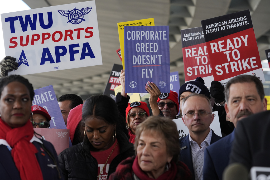 Three separate unions representing flight attendants at major U.S. airlines are picketing and holding rallies at 30 airports