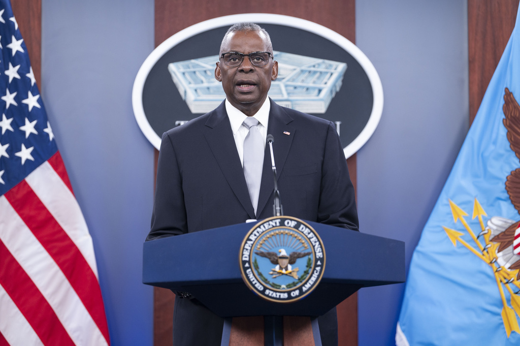 Defense Secretary Lloyd Austin speaks during a Pentagon press briefing