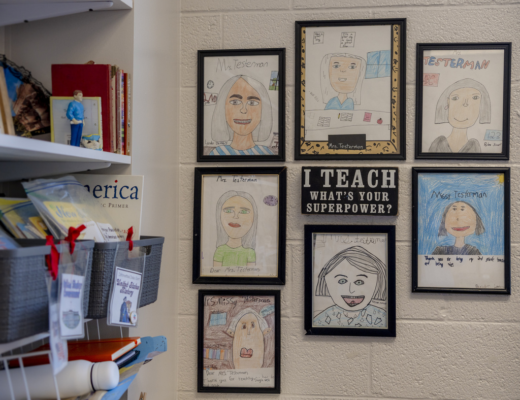 Student artwork of 2nd grade teacher Missy Testerman, who teaches English as a second language, is displayed on a classroom wall at the Rogersville City School