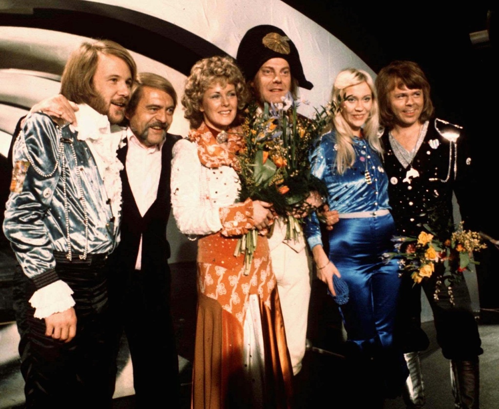 Members of Swedish group ABBA and close associates celebrate the victory of their song "Waterloo" in the Eurovision Song Contest in Brighton, England, April 6, 1974