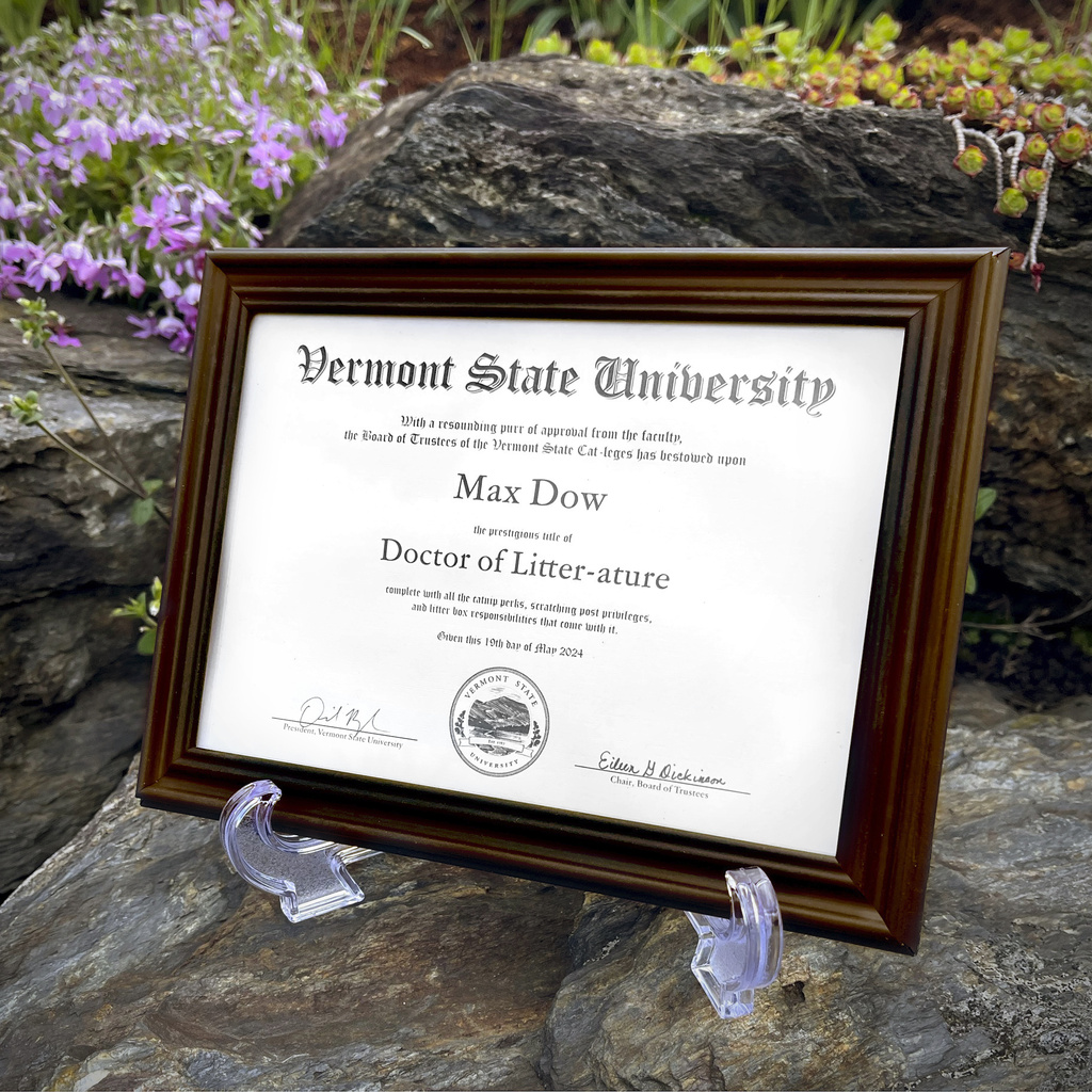 Special diploma for Max the Cat at Vermont State University Castleton