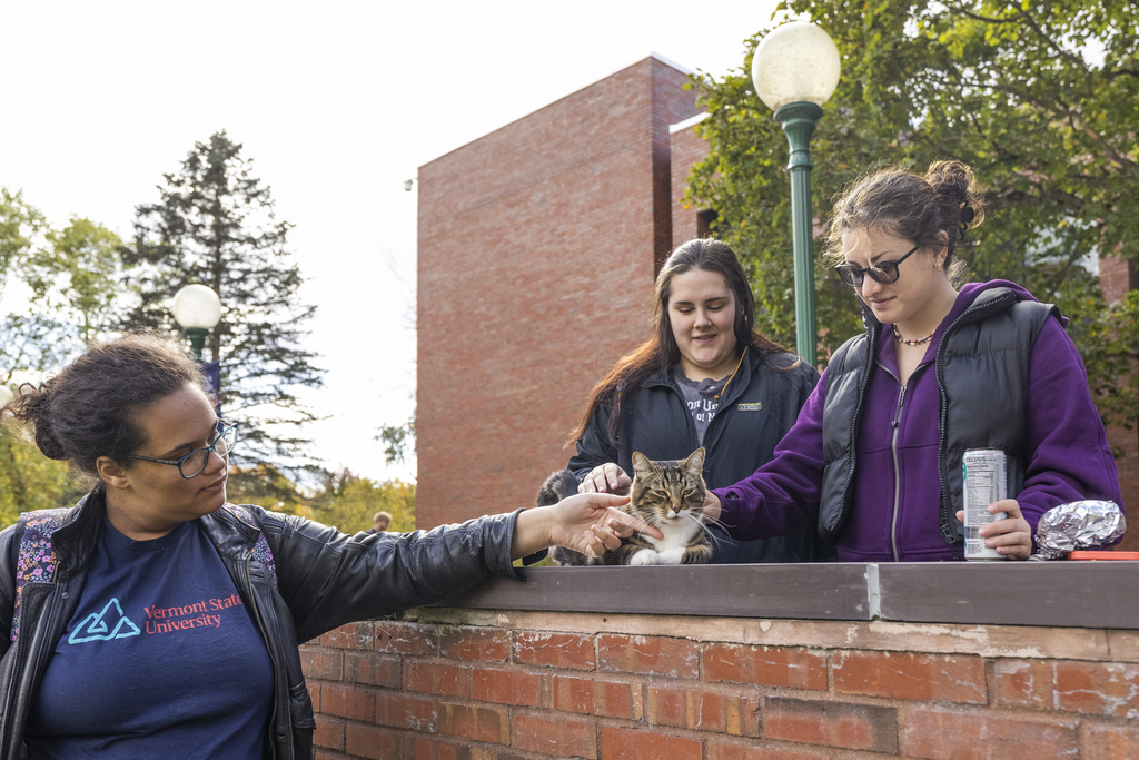Students pet Max the Cat in front of Leavenworth Hall at Vermont State University Castleton