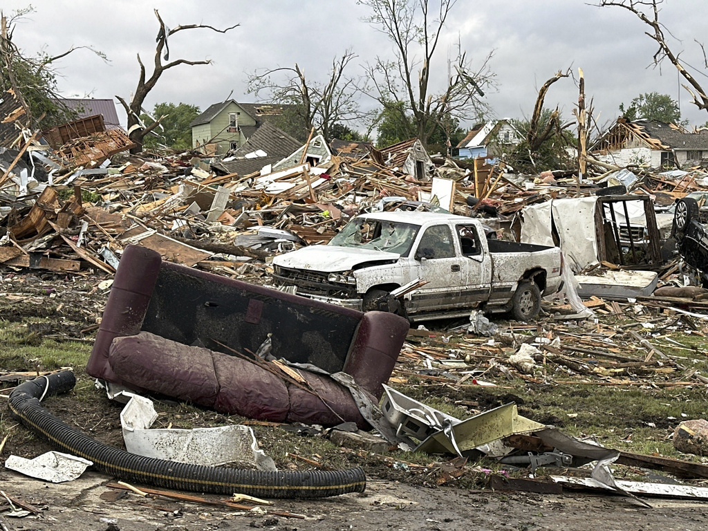 Damage is seen after a tornado moved through Greenfield, Iowa