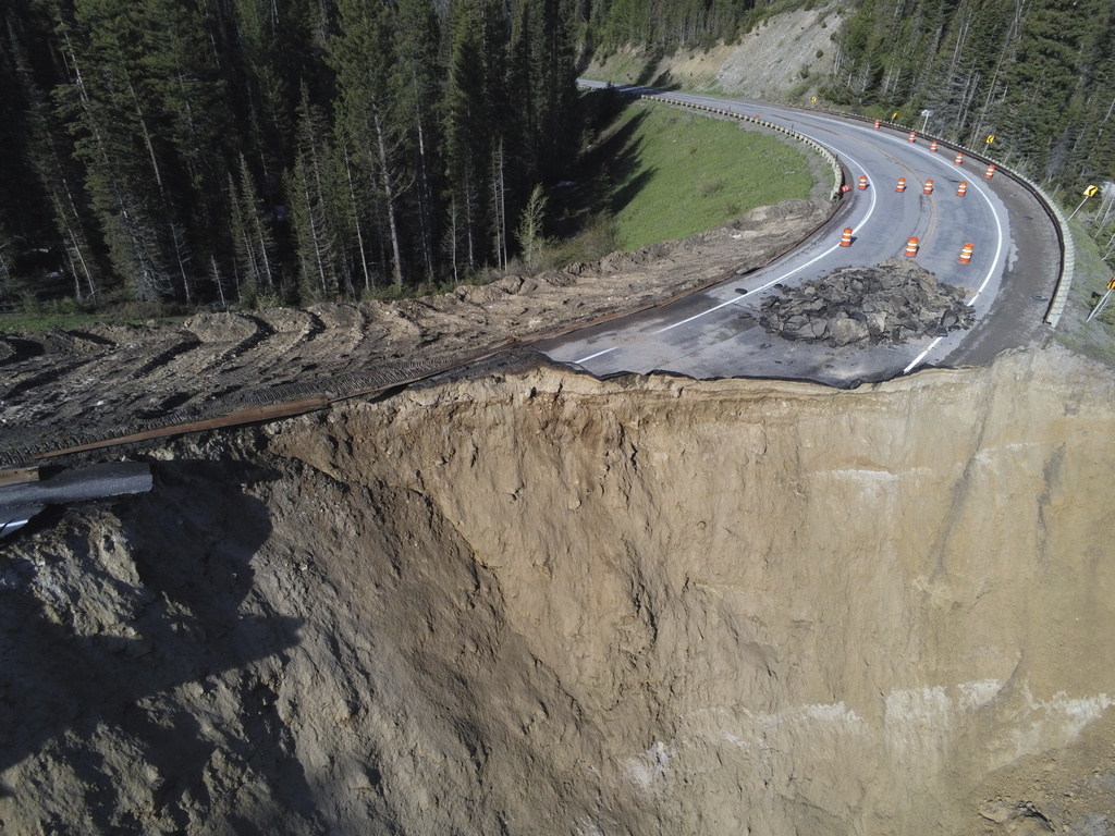 Damaged section of Teton Pass near Jackson, Wyo.