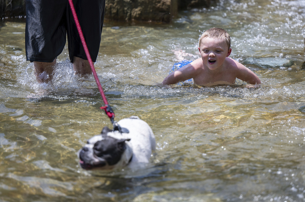 Six-year-old James Charles Liptak and his dog Rumble keep cool from the oppressive heat with a walk in the water steps by PNC Park on the North Shore area of Pittsburgh