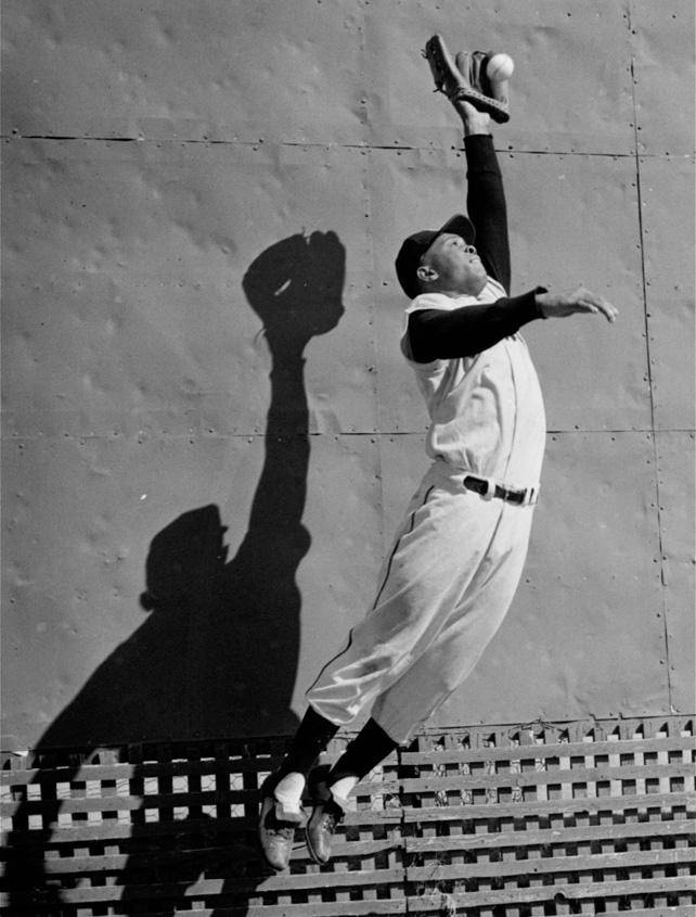 New York Giants center fielder Willie Mays leaps high to snare a ball near the outfield fence at the Giants