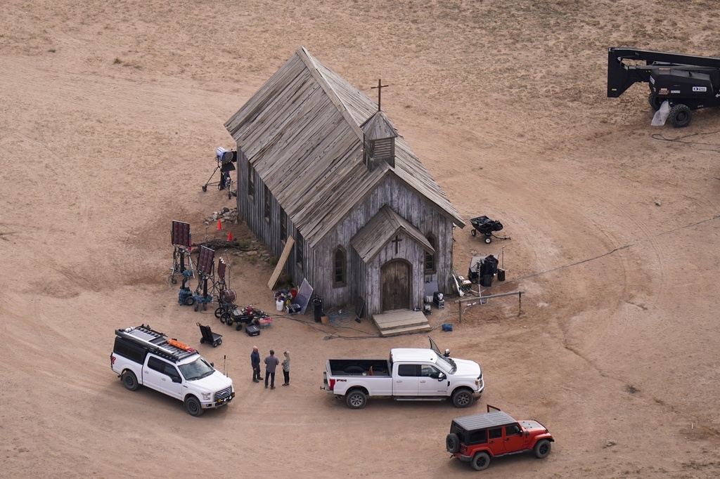 This aerial photo shows the movie set of "Rust," at Bonanza Creek Ranch in Santa Fe, N.M.