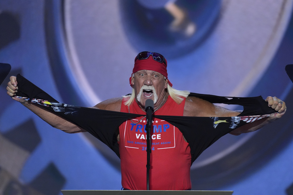 Hulk Hogan tears off his shirt while speaking on the final night of the Republican National Convention 